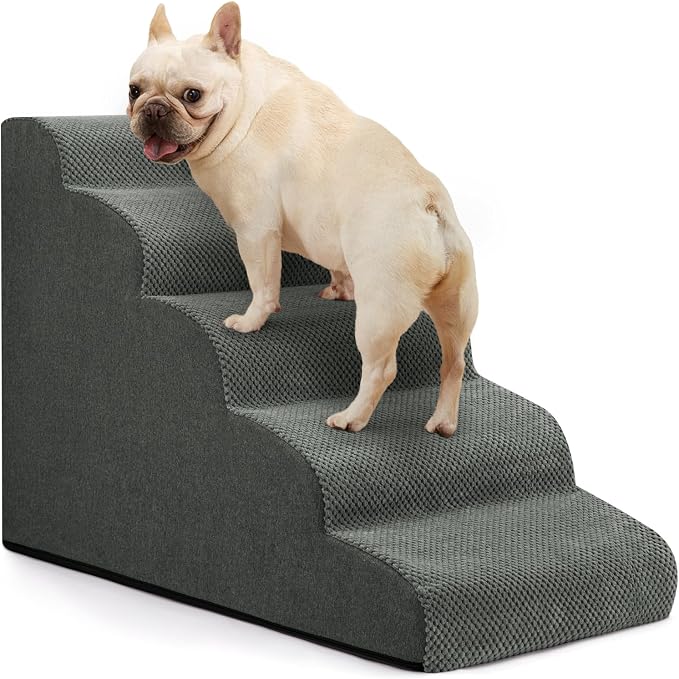 Aodisman Dog Stairs for Bed 22.4”H,5-Step Dog Ramp for Small Dogs & Cats,Pet Steps for Dogs to get on High Bed, Indoor Anti-Slip Pet Stairs for Old Cats and Puppy,Grey