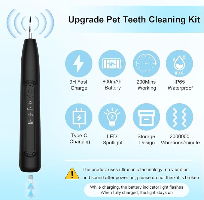 Ultrasonic Dog Plaque Remover Tool, 3 Modes Plaque and Tartar Remover for Dogs, Low Noise Sonic Dog Tartar Remover Dogs Plaque Remover with Toothbrush 2 Cleaning Head for Pet Dental Care, Black