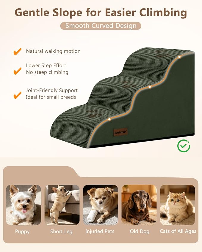 Aodisman Dog Stairs for Small Dogs,3 Step Dog Ramp for Couch and Chair,Pet Stairs with Non-Slip Bottom for Old Cats,Indoor Pet Steps,Comfort,Durable,15.4" H,Green