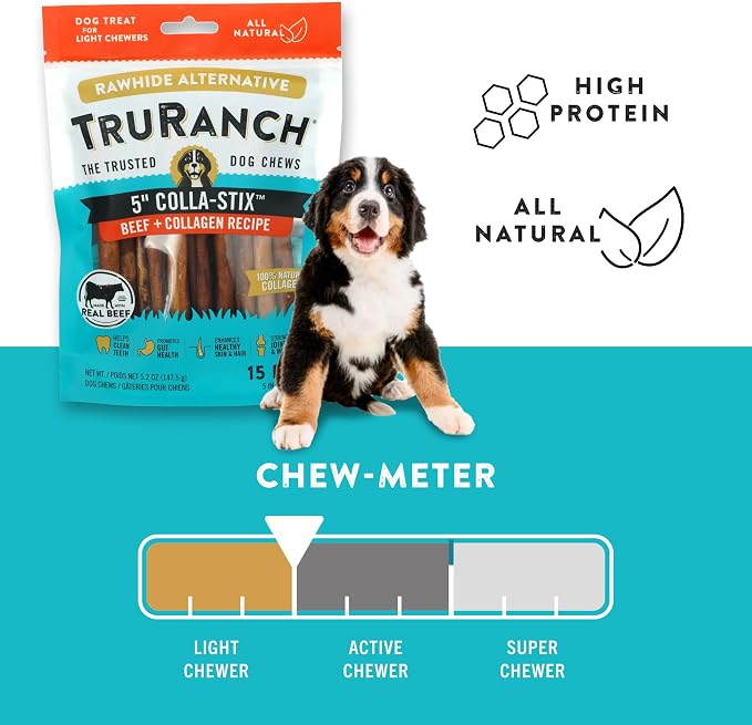 TRURANCH Collagen Sticks - 5" Collagen Sticks for Dogs - Long Lasting Healthy Joint Support - Rawhide Alternative - Skin & Coat Health - Made with Real Beef, Value Pack, 15 Bags, 225 Count