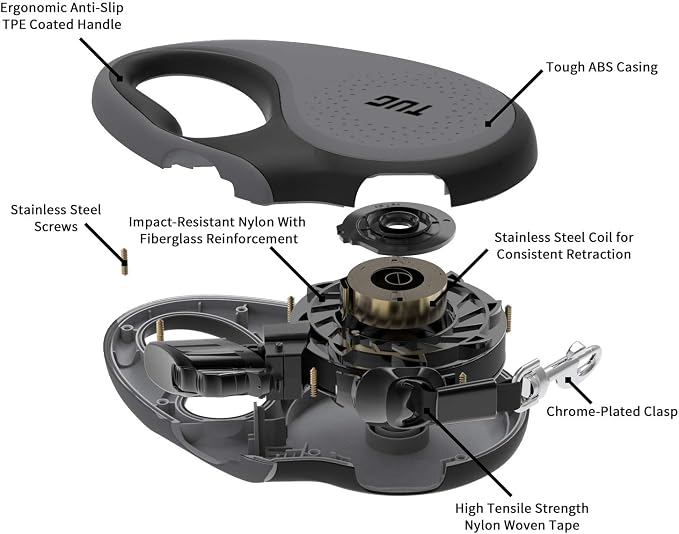 TUG Original Retractable Dog Leash, 16 ft (Large, Grey) | 360° Tangle-Free Retraction, 16 ft Tape, Quick Thumb Lock, Anti-Slip Handle, For Dogs Under 110 lbs