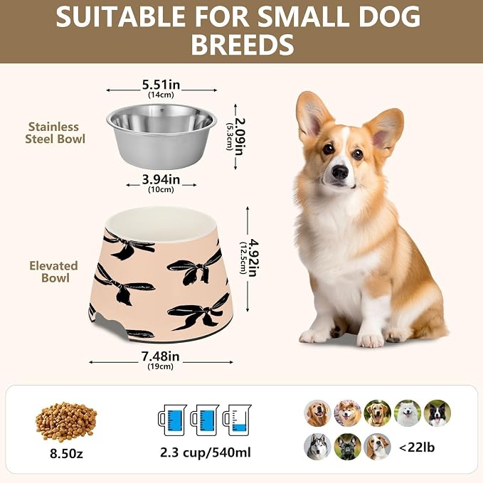Blueangle Elevated Dog Bowls with Stainless Steel - Non-Slip 2.3 Cup High Capacity Pet Dish for Spinal Health & Black Bow Design（381）
