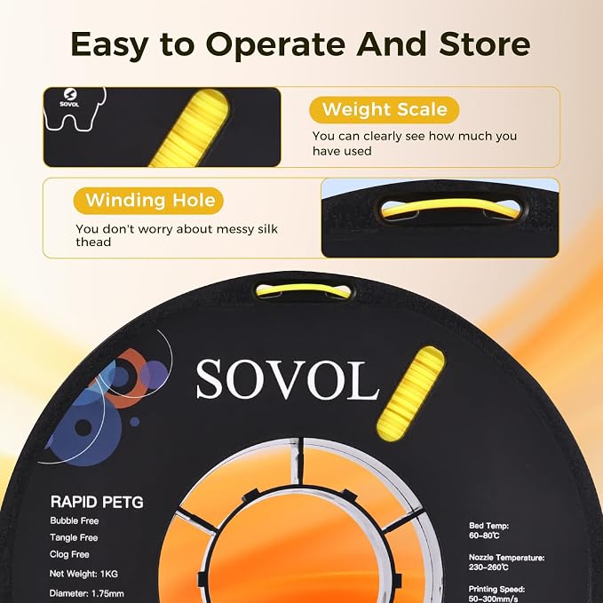Sovol 3D Printer Rapid PETG Filament 1.75mm 1KG (2.2lbs), High Precision, Strong Toughness, Wiring Tightness, Dimensional Accuracy +/- 0.03 mm, 3D Printing High Speed PETG Filaments, Yellow