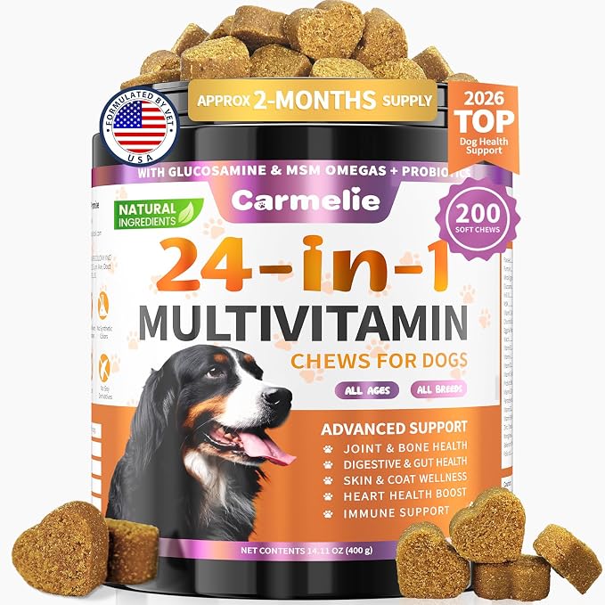 Carmelie Dog Vitamins, 24 in 1 Dog Multivitamins is Human Grade, 200 Chews | Premium Glucosamine Probiotics Omega-3, for Hip & Joint, Itch Relief, Skin & Coat, Immune, Digestive, Puppy & Senior, Chicken