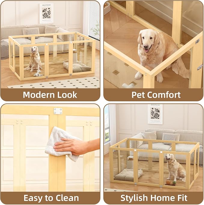 Clear Acrylic Dog Playpen Indoor with Solid Wood Frame, 10 Panels Clear Dog Playpen for Small Dogs, Easy Assembly Acrylic Pet Pen, Safe and Sturdy Play Area for Puppy Rabbit Indoor
