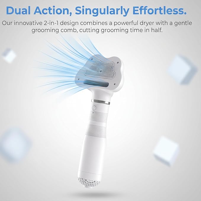 Pet Hair Dryer Brush, Dog Slicker Grooming Blower with Adjustable Temperature & Low Noise, Portable Pet Hair Dryer Comb for Small Medium Dogs Cats, Fast Drying & Detangling for Long/Short Haired Pets