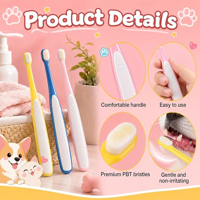 3 PCS Small Dog Toothbrush, Soft Puppy Toothbrush Deep Cleaning Mini Head Tooth Brush with Clear Case for Puppy Kitten Tiny Pets, Pink & Yellow & Blue