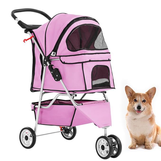 BestPet 3-Wheel Jogger Pet Stroller - Pink, Cup Holder & Removable Liner