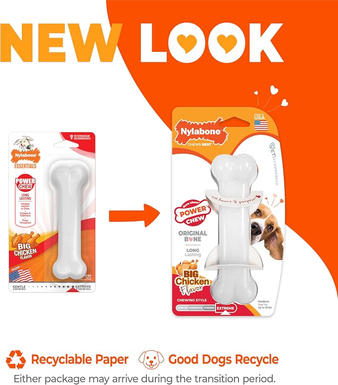 Nylabone Power Chew Original Bone Dog Chew Toy, Chicken Flavor, Medium | Durable, discourages destructive chewing, long lasting, flavor throughout, keeps dogs busy, for dogs up to 35 pounds