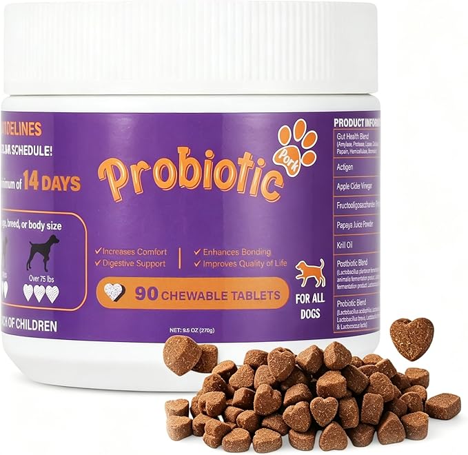 Dog Probiotic Chewable Tablets with Prebiotic, Apple Cider Vinegar & Papaya Powder, Pork Flavor Daily Digestive Supplement for All Breeds Dogs, 90 Count