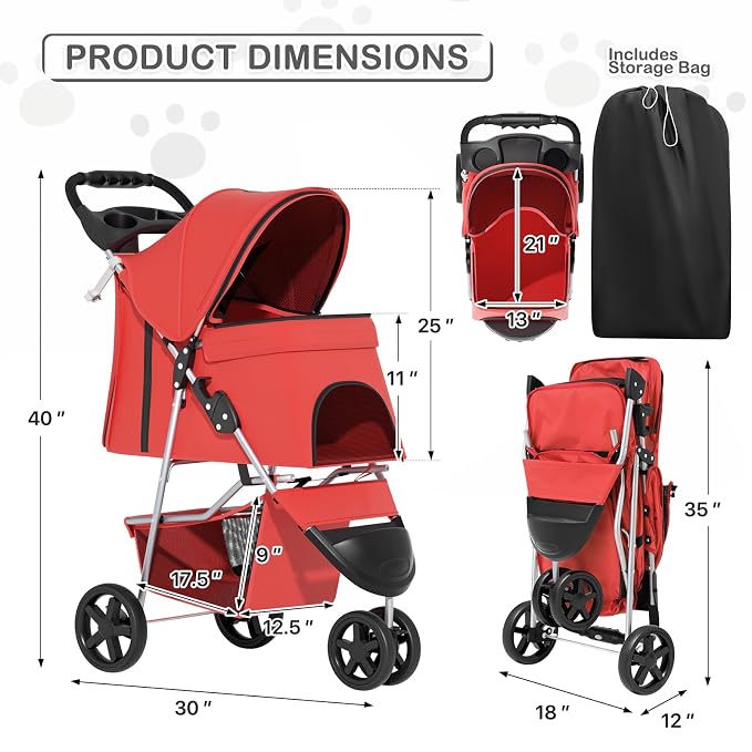 MoNiBloom 3-Wheel Foldable Pet Stroller - Red, up to 33lbs