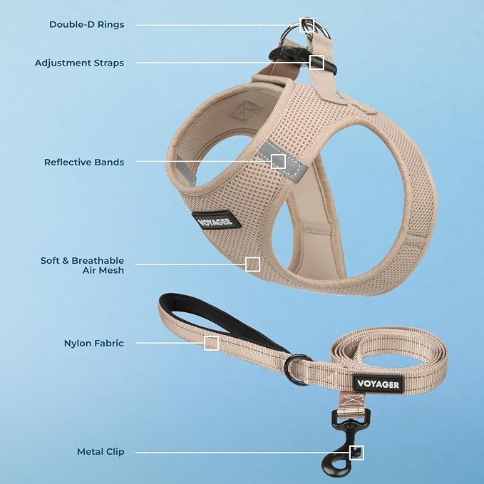 Best Pet Supplies Voyager Step-in Air All Weather Mesh Harness and Reflective Dog 5ft Leash Combo with Neoprene Handle, for Small, Medium and Large Breed Puppies - Khaki, XXS