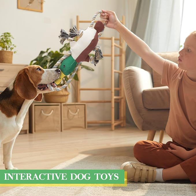 Duck Dog Toys for Small Medium Dogs, Durable Canvas Fetch Tug Toy with Sliding Rope & Crinkle Paper for Boredom Relief, Squeaky Interactive Teething Puppy Chew Toys for Chihuahua Corgi Beagle