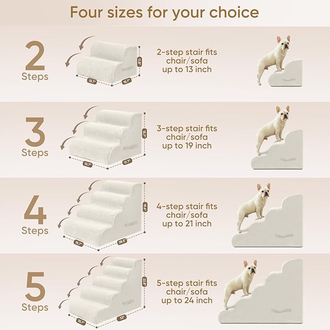 PAWSCRAT Pet Stairs for Dogs 5-Step, 22.8" H Pet Stairs for High Bed, Couch Sofa & Chair, 30D Material Soft Foam Dog Steps with Non-Slip Bottom Surface Removable Washable Cover, Beige