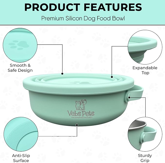 Vebs Pets Stainless Steel Dog Bowl with Collapsible Lid, Jade