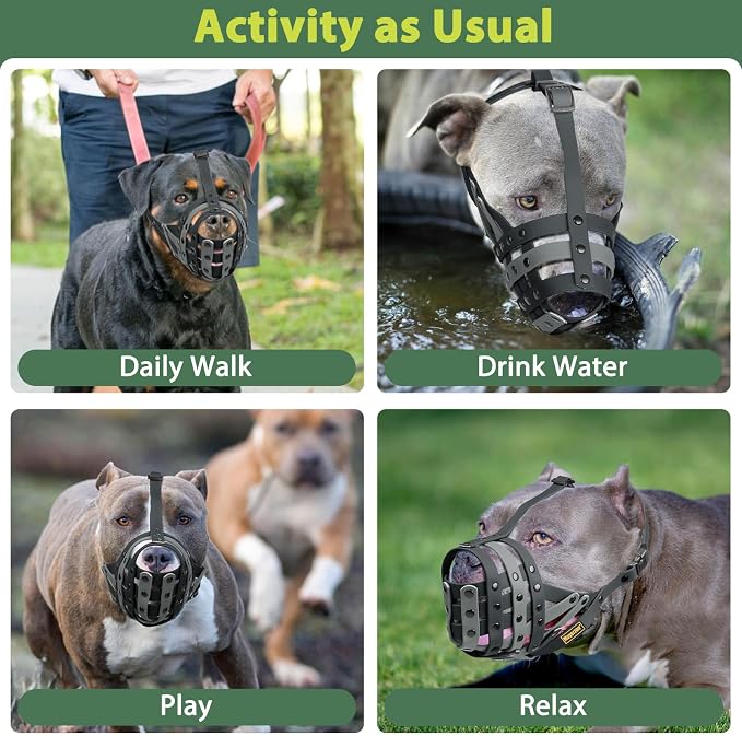 Pitbull Dog Muzzle for Large Medium Dogs Prevent Biting Scavenging | Fits Rottweiler Amstaff Broad-nosed Breed, Sturdy Breathable Basket, Training Walking Use, Allows to Drink | Black Grey, M