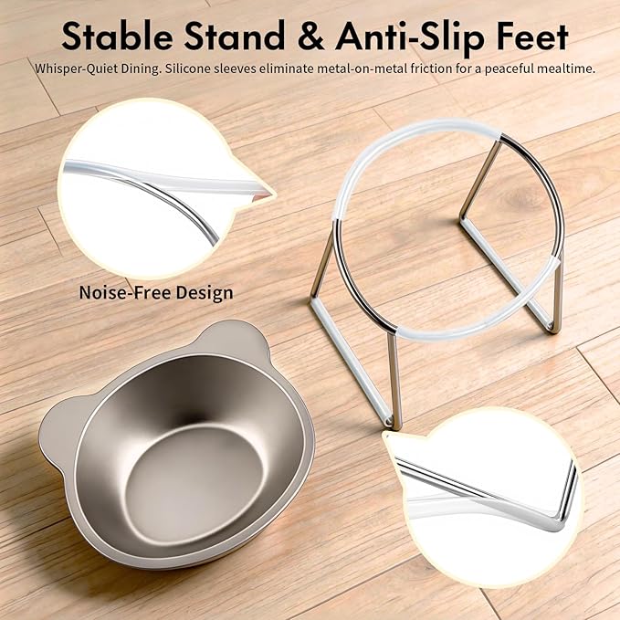 15° Tilted Elevated Cat Bowl - Silent Stainless Steel Raised Cat Dish with 1M DIY Noise-Canceling Strip - Anti-Vomiting & Neck Protection - 304 Food Grade Metal Cat Bowl, Dishwasher Safe