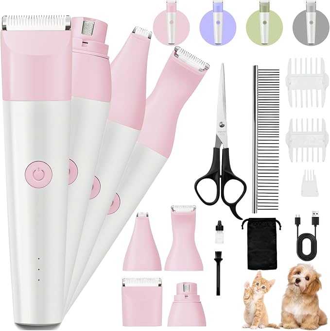 4-in-1 Dog Clippers Grooming Kit - Paw Trimmer & Nail Grinder, Pink