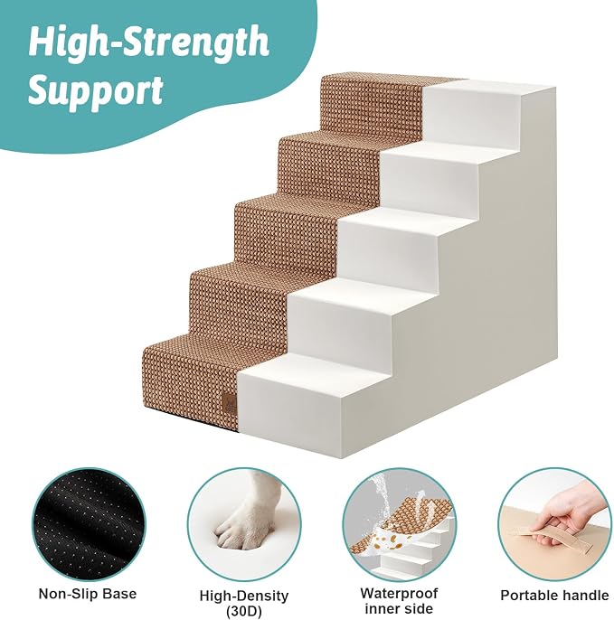 COZY KISS Dog Stairs for Small Dogs, 5 Step Pet Stairs for Beds & Couches | 23.6" H Wider Non-Slip Dog Steps for Bed, Ideal for Puppies, Senior Cats, and Small to Medium Dogs, Light Brown