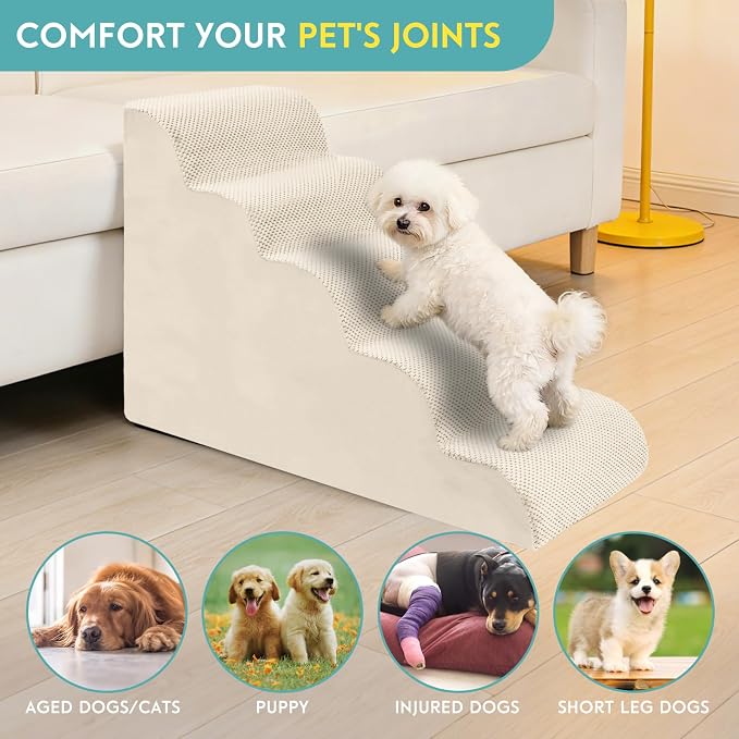Dog Stairs for Small Dogs, Pet Stairs Steps Ramp for Puppy, Older Cat, Stairs with Whole High Density Foam, Corduroy Fabric, Non-Slip Bottom Dog Steps for Bed and Couch (Beige, 5-Step (H: 22.8IN))