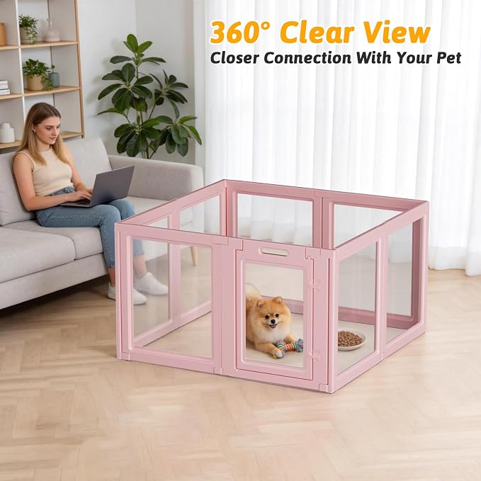 DIY Clear Acrylic Dog Playpen House,Quick Easy Assembly and Disassembly,Strong Floor Suction,Indoor and Outdoor Use,Easy Cleansing Puppy Fence (Skin Pink, 30.3" H, 8PCS)
