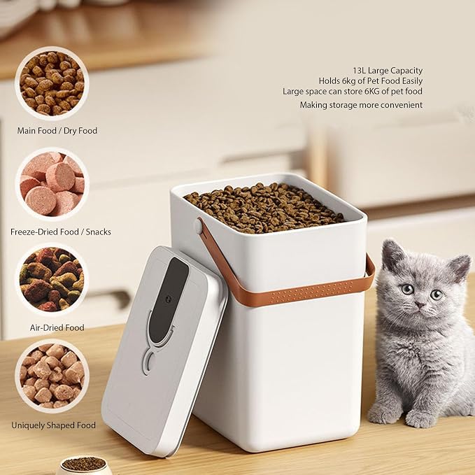 Vacuum Pet Food Bucket, 13L Large Capacity Airtight Dry Pet Food Bucket, USB Rechargeable Plastic Vacuum Sealed Storage Bin with Lid & Spoon for, Rice, Flour
