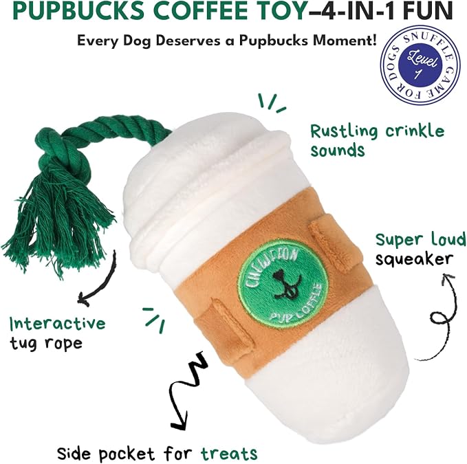 CHEWFFON Squeaky Dog Toy, Interactive Plush Tug & Treat Toy | Coffee Cup Design, Crinkle Sound for Boredom, Side Pocket, Enrichment Fun for Small Medium Large Dogs