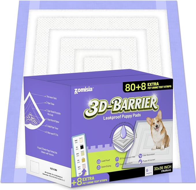 ZOMISIA 3D-Barrier Puppy Pee Pads for Dogs, 18 Cups Absorb & Rise Puffy Gel-Wall Leak-Proof, 30"x36" 80 Counts + 8 Pet Urine Test Strips, Super Absorbent Disposable Potty Training Pads