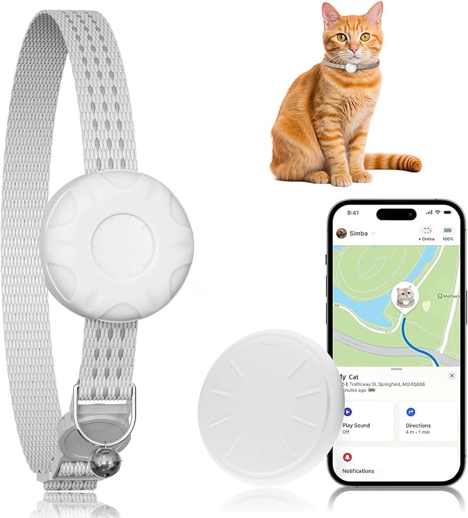 Cat Tracker Collar No Monthly Fee(iOS Only),Waterproof Pet Tracker for Cats with Safety Elastic Buckle,Compatible with Apple Find My App not for Android,White