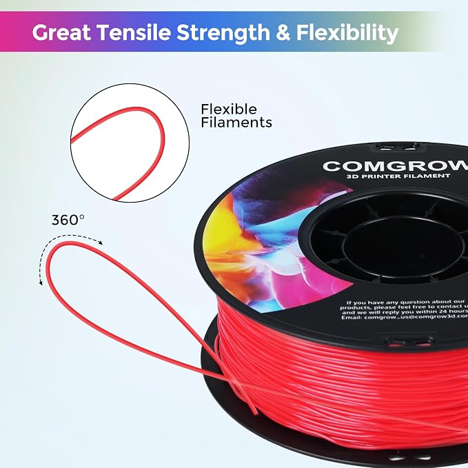 Comgrow TPU Filament 1.75, 3D Printing Filament, Flexible 3D Printer Filament, 95A Soft 3D Printing Filament fit Most 3D Printers Dimensional Accuracy +/- 0.02mm Filament TPU Red 1kg (2.2lbs)