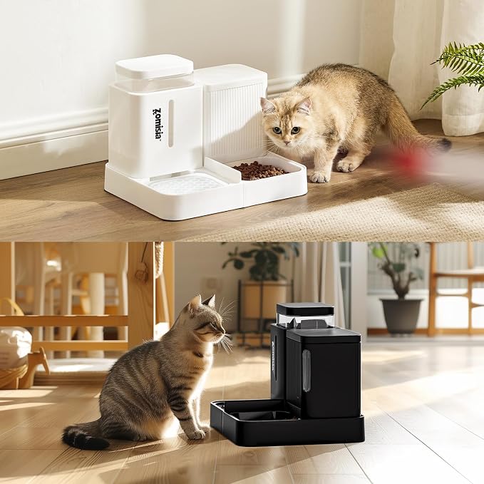 ZOMISIA Gravity Cat Feeder and Water Dispenser, 2 in 1 Cat Self Feeder with 180 Degree Rotatable, 2 Pack Automatic Feeding Large Capacity for Small Medium Dog Puppy Kitten, White, 0.8 Gallon x 2