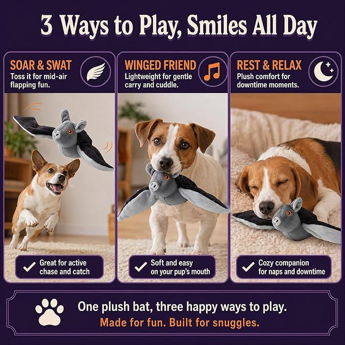 Flying Bat Dog Toy, Flapping Bat Dog Toy with Chirping Sounds, Interactive Rechargeable Flap Bat Toy for Dogs Cats, Hanging & Wand Play, 3PCS