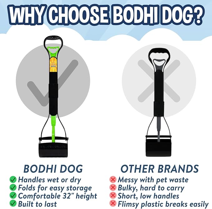 Bodhi Dog 32" Tall Non-Breakable Pooper Scooper for Large Dogs - Lightweight, Foldable Design with Extra Long Handle (Green)