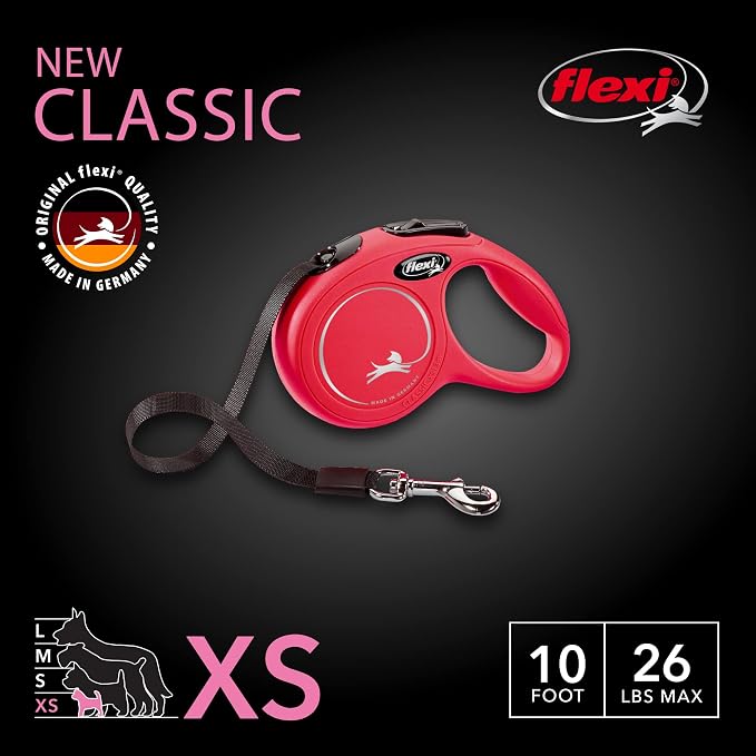 FLEXI® Classic XS Tape Retractable Dog Leash, 3-Finger Grip, 10 ft - Red | German engineered, Pocket-Size original flexi leash, durable quality for dogs up to 18 lbs, tangle-free,reliable brake system