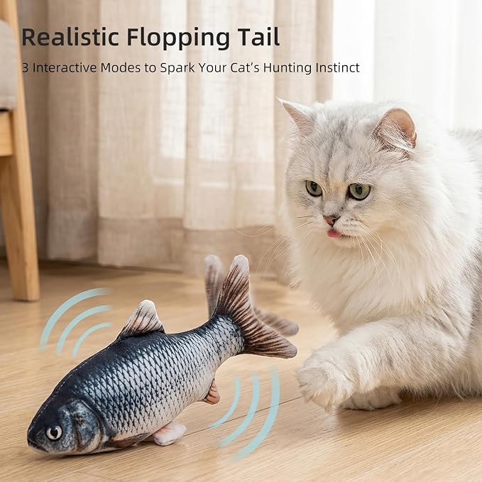 3 Pack Flopping Fish Cat Toy, Interactive Plush Cat Kicker Toy with Catnip Pocket, USB Rechargeable Wiggle Fish Set(Carp+Clownfish+Mackerel) for Indoor Kitten & Small Dogs, 3 Assorted Sizes