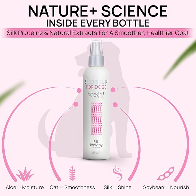 BioSilk for Dogs Silk Therapy Detangling and Shine Spray, 8 Fl Oz, 2-Pack | pH-balanced, paraben-free leave-in mist with silk and vitamins, dematting spray for all coats and breeds