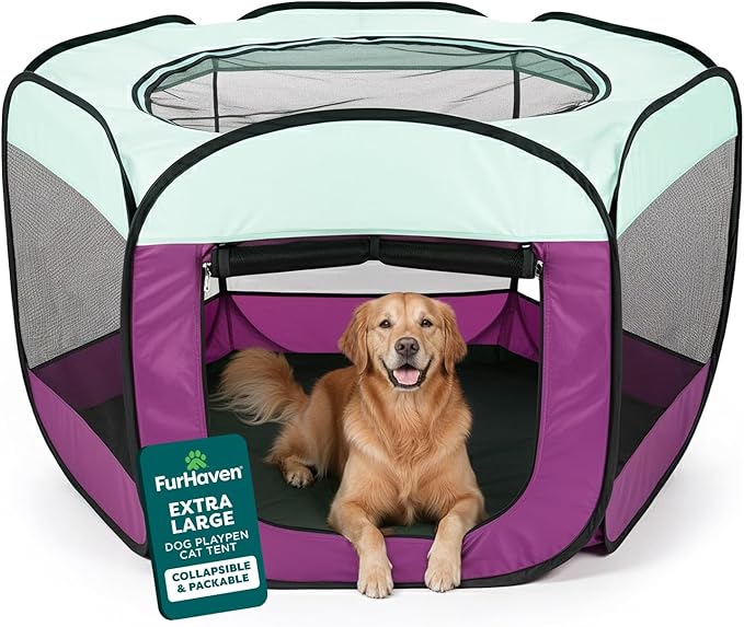 FurHaven Soft-Sided Dog & Cat Playpen, Portable Foldable Indoor & Outdoor Pet Playpen with Mesh Windows & Zippered Door, Purple, Extra Large