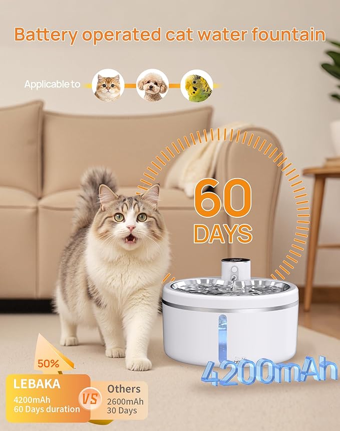 Wireless Cat Water Fountain [with Stainless Steel Tray], 84oz/2.5L Pet Fountain for Cats Inside, Cat Fountain for Drinking with Motion Sensor, Ultra Quiet for Small Animals-[BPA-Free] (84oz+8Filters)