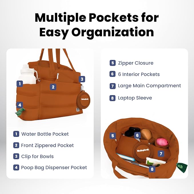 rubyloo Puffer Dog Travel Bag with Bowls & Food Storage, Rust