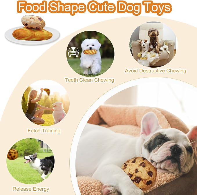 Cute Dog Toys Set,Food Shape Squeaky Plush Toys for Puppy, Cute Stuffed Breads Breakfast Dog Teeth-Cleaning Chew Toy with Squeakers for Puppy Small Medium Dogs (3 Pack)