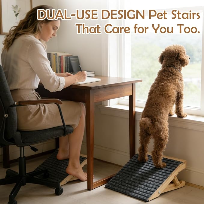 Adjustable Dog Ramp for Stairs, Foldable Wooden Dog Steps Anti-Slip | 2 Pack, Switch 4.3" or 5.5" Height, No Assembly, Gentle on Joints, for Senior & Injured Dogs, Natural Wood, 170 lbs