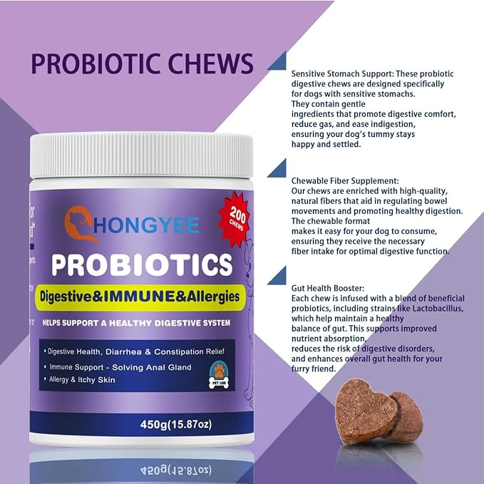 Probiotics for Dog 200 chews,Enzymes and Gut Support,Anti-Diarrhea,Promotes Digestive Health,Seasonal Allergies,Immune System,Probiotics with Papaya, Pumpkin, and Krill Oil- Vet Approved