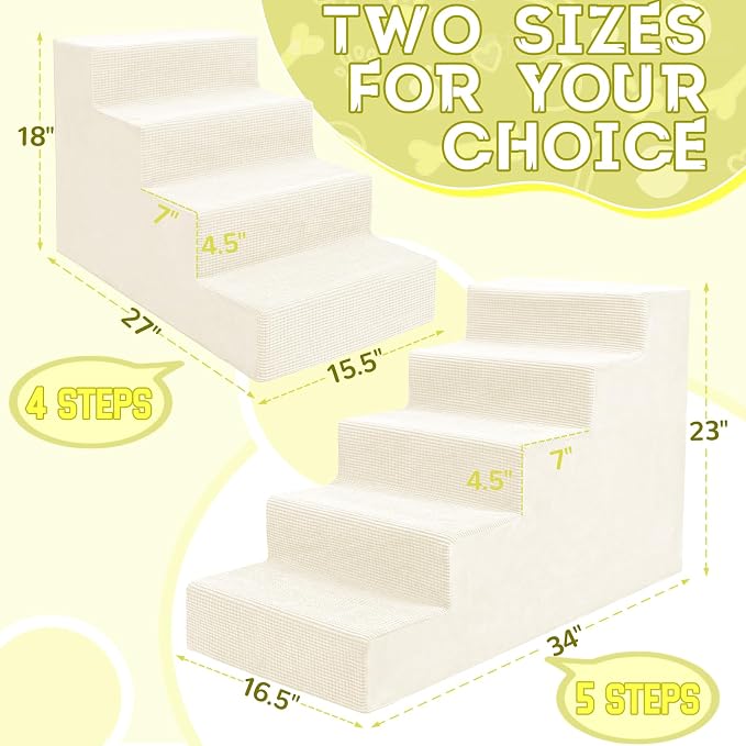 Niubya Dog Stairs for Small Dog and Cats,23”H Non-Slip Bottom Pet Steps for High Beds and Couch,Extra Wide High-Density Foam Pet Stairs White,5 Steps