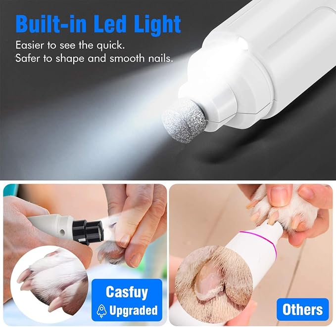 Casfuy Dog Nail Grinder with LED Light, 2-Speed, White