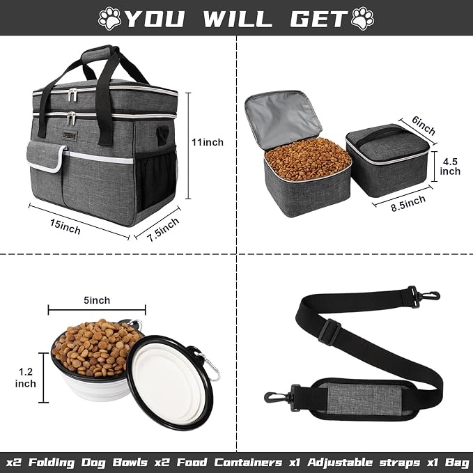 BAGLHER Dog Travel Bag, Double-Layer, with Food Containers & Bowls, Grey