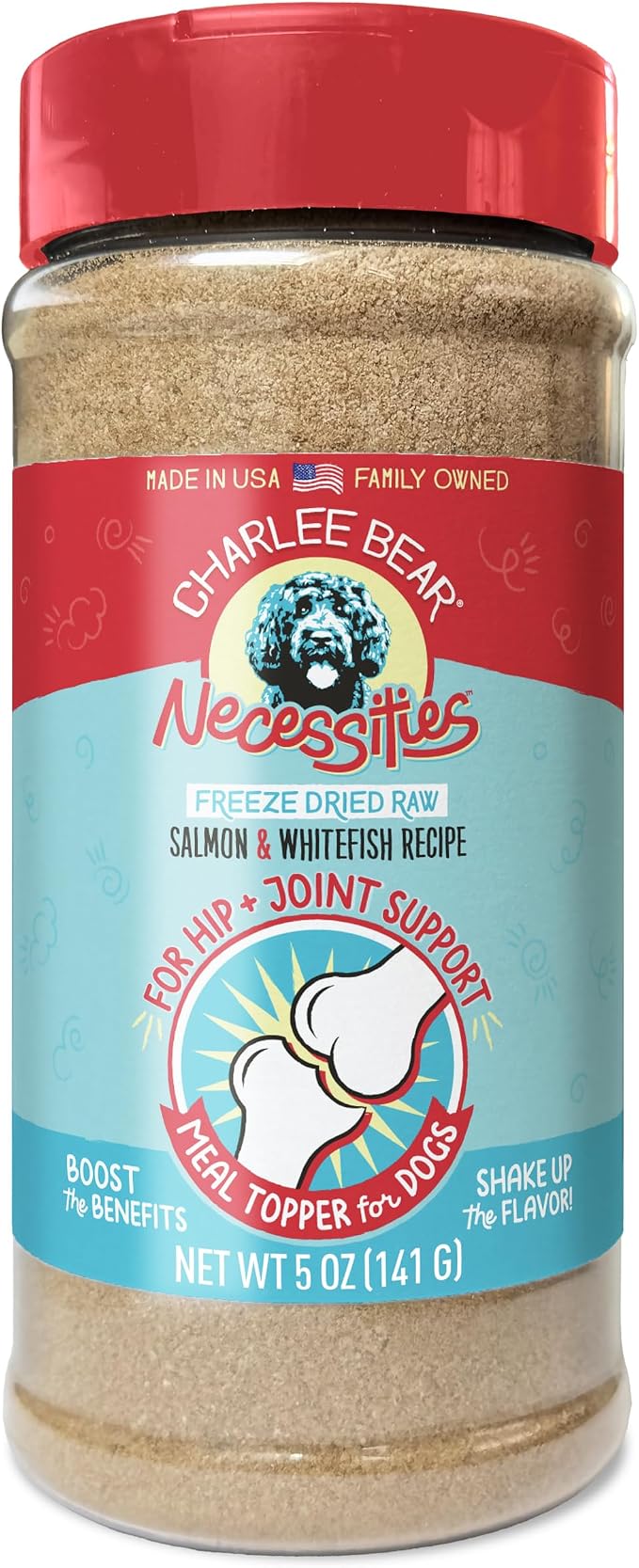 Charlee Bear Necessities Freeze Dried Dog Food Topper, Hip and Joint Support, Grain Free, High Protein, Limited Ingredient Meal Toppers for Dogs, Salmon and Whitefish Recipe, 5 Ounce