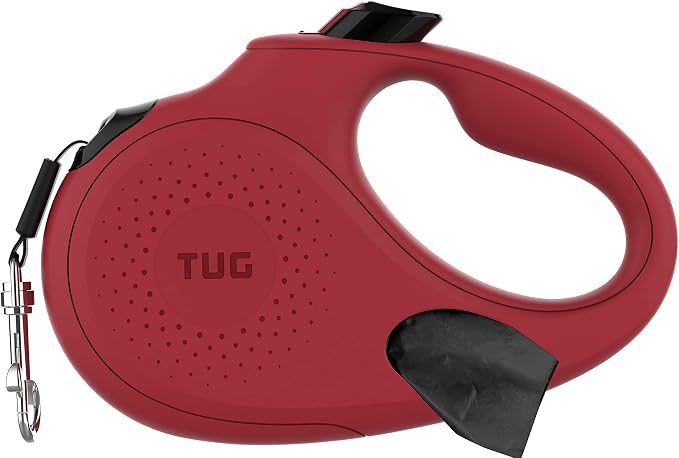 TUG Oval 360° Tangle-Free Retractable Dog Leash with Integrated Waste Bag Dispenser (Large, Red)