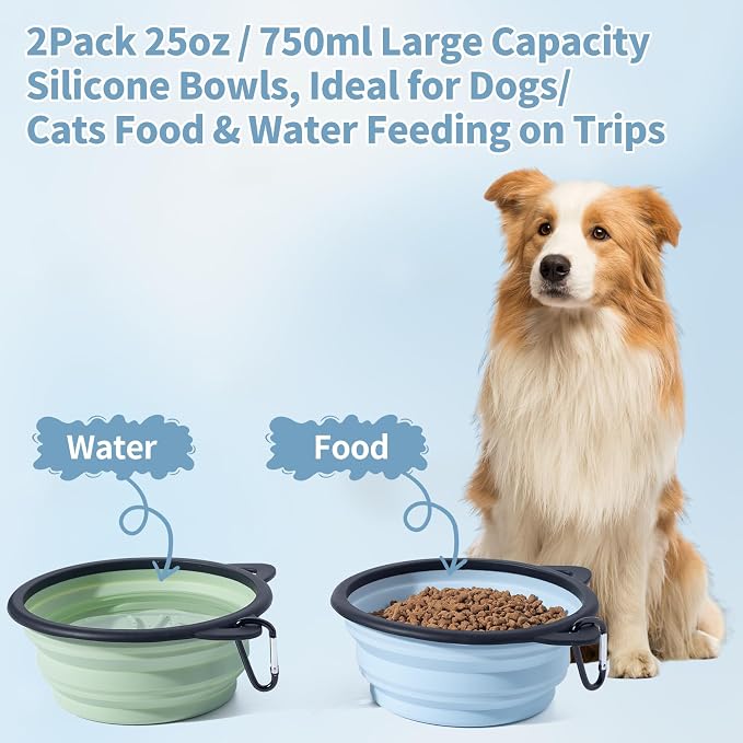 2-Pack Silicone Collapsible Dog Bowl, Ear Shape, 25oz, Light Blue and Green