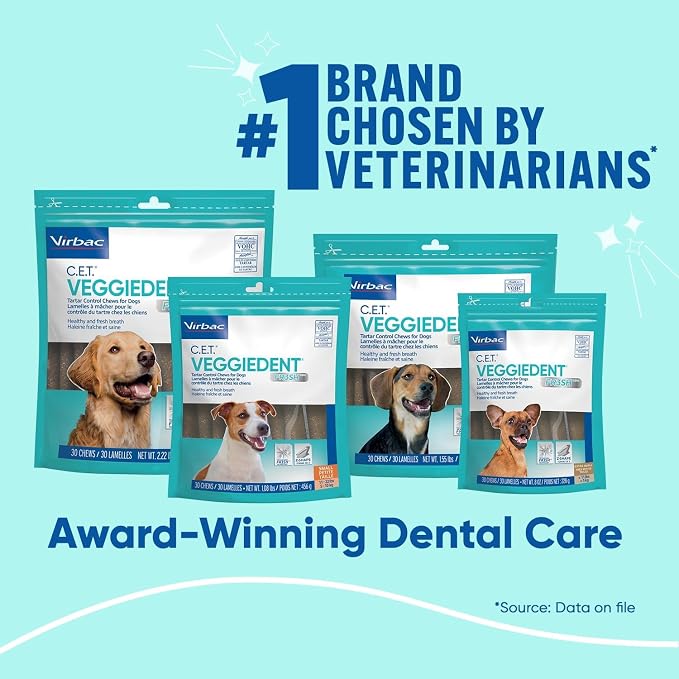 Virbac C.E.T.® VEGGIEDENT® FR3SH® Tartar Control Chews for Dogs with digestive health support, VOHC Approved, Medium 22-66lbs