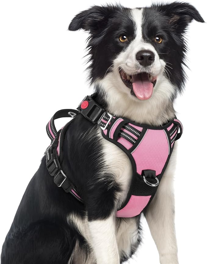 rabbitgoo Dog Harness Medium Sized, No Pull 3 Buckles Easy On & Off | Soft Padded, Walking with Control Handle, Adjustable and Reflective, Light Pink, Medium